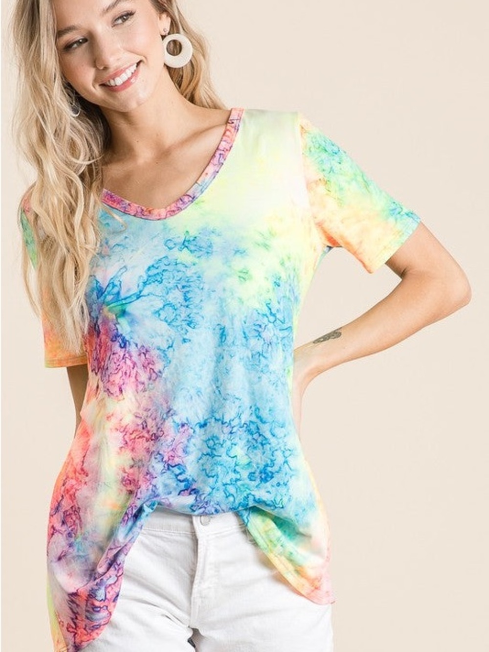 🌈✨ Bibi Rainbow Tie-Dye V-Neck Top – Size Small | NWT ✨🌈